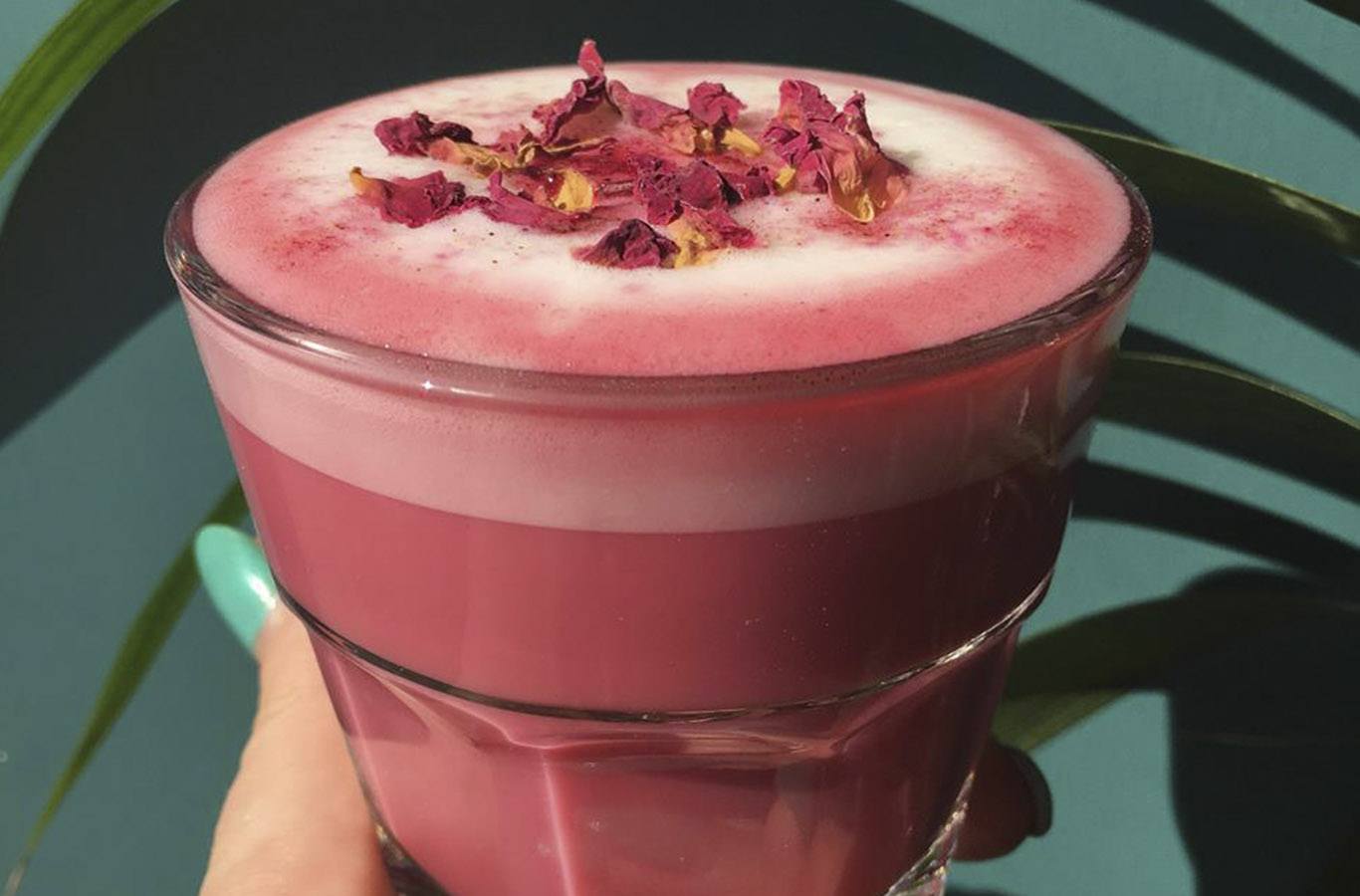 Deptford Does Art superfood latte - pink with rose petals